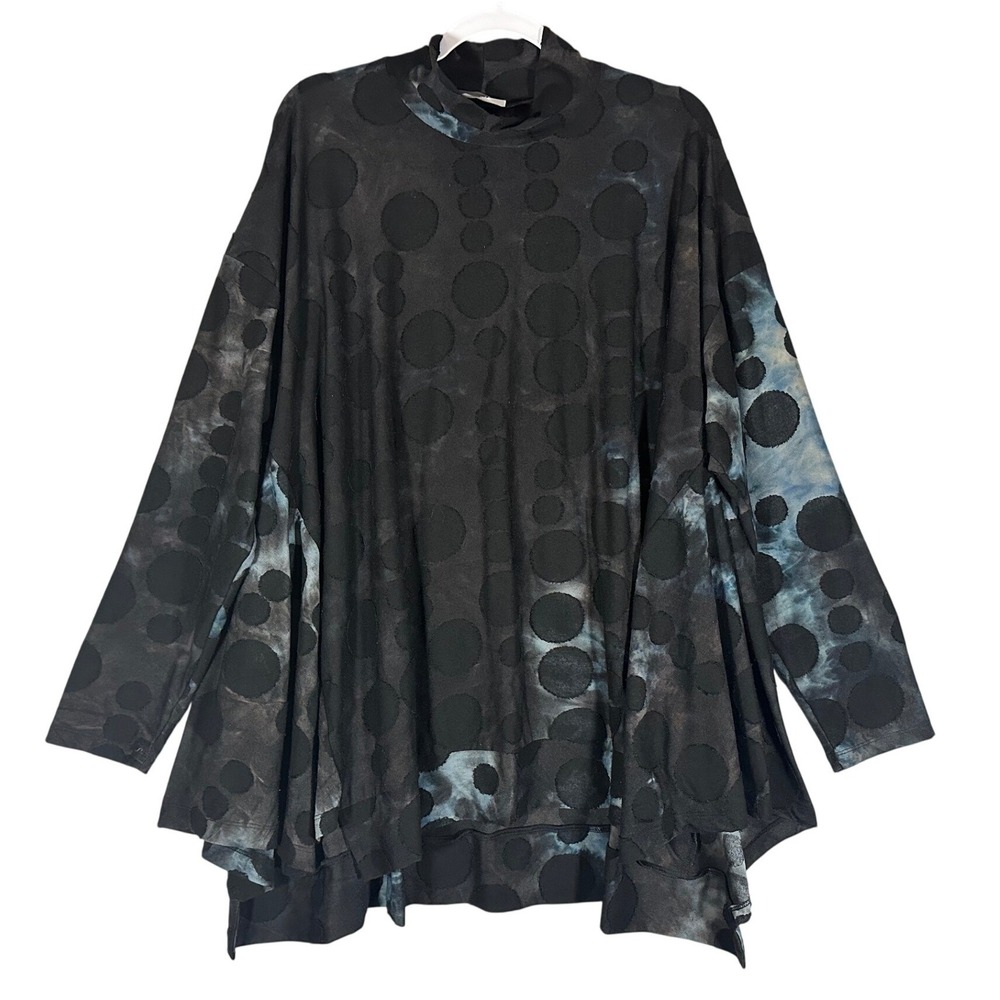 ALEMBIKA Echo Smoke Tunic Top Sz L Burnout Polka Dot Tie Dye Mock Neck Artsy